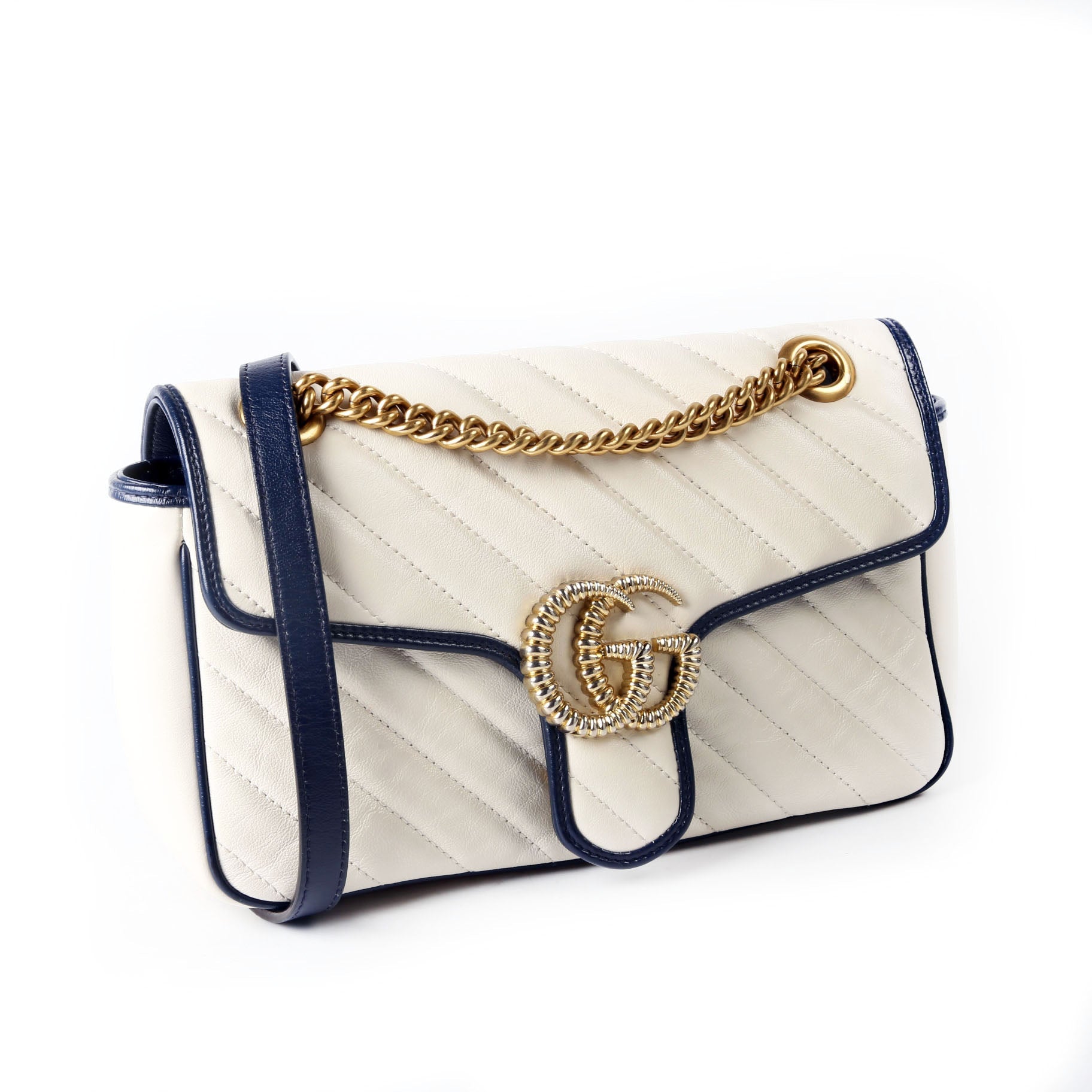 Gucci 443497 Marmont Torchon Shoulder Small Flap Ivory/Navy