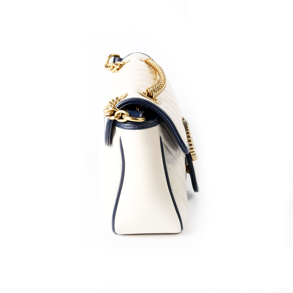 Gucci 443497 Marmont Torchon Shoulder Small Flap Ivory/Navy