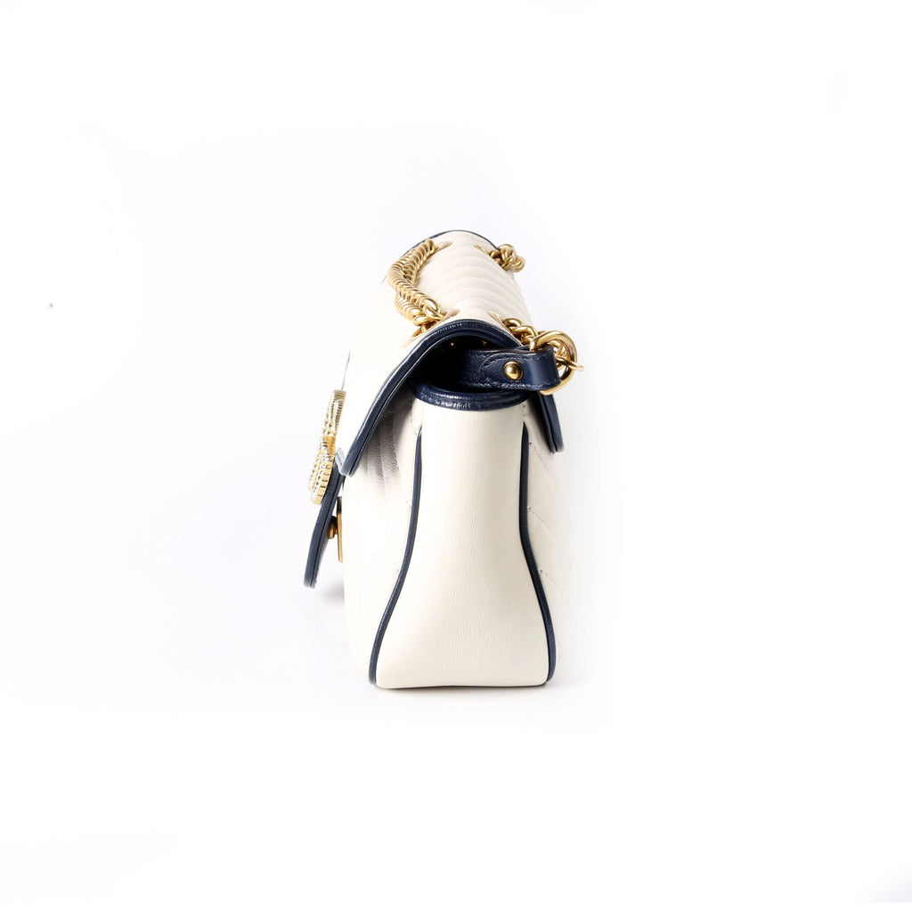 Gucci 443497 Marmont Torchon Shoulder Small Flap Ivory/Navy