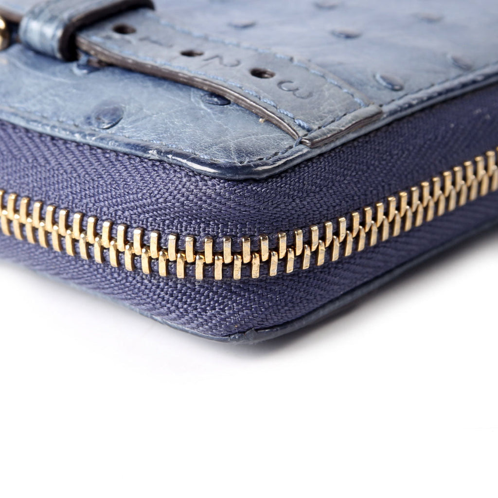 Gucci 309758 Ostrich Nice Zip Around Wallet Navy