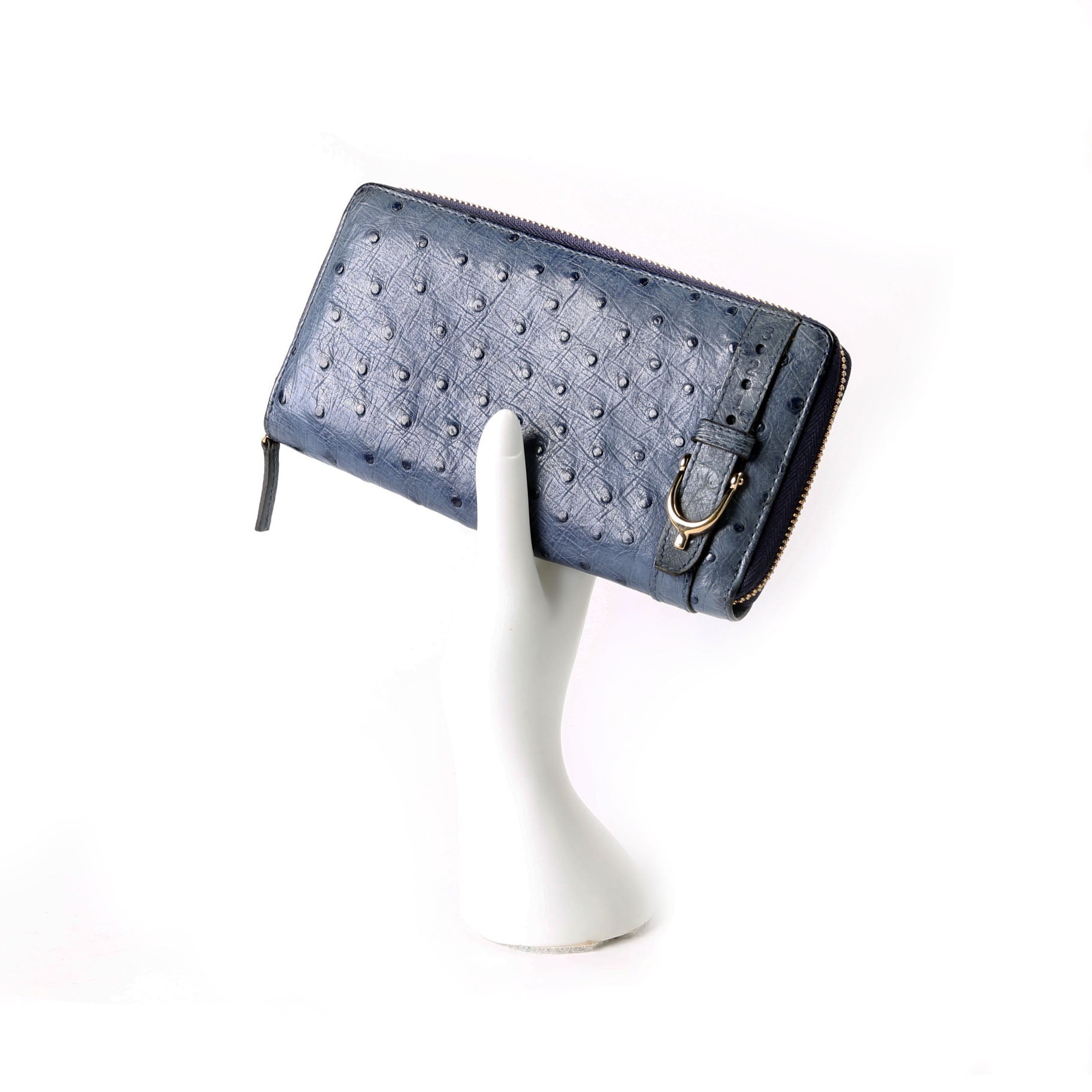 Gucci 309758 Ostrich Nice Zip Around Wallet Navy