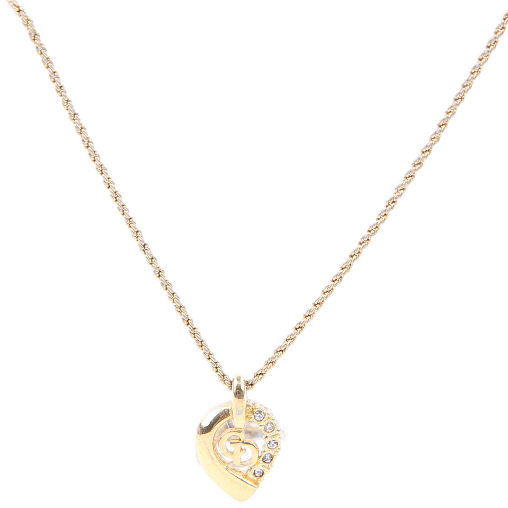 Dior Crystal Heart Logo Pendant Necklace Gold