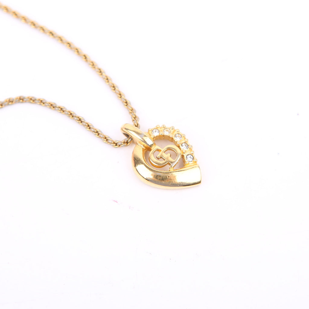Dior Crystal Heart Logo Pendant Necklace Gold