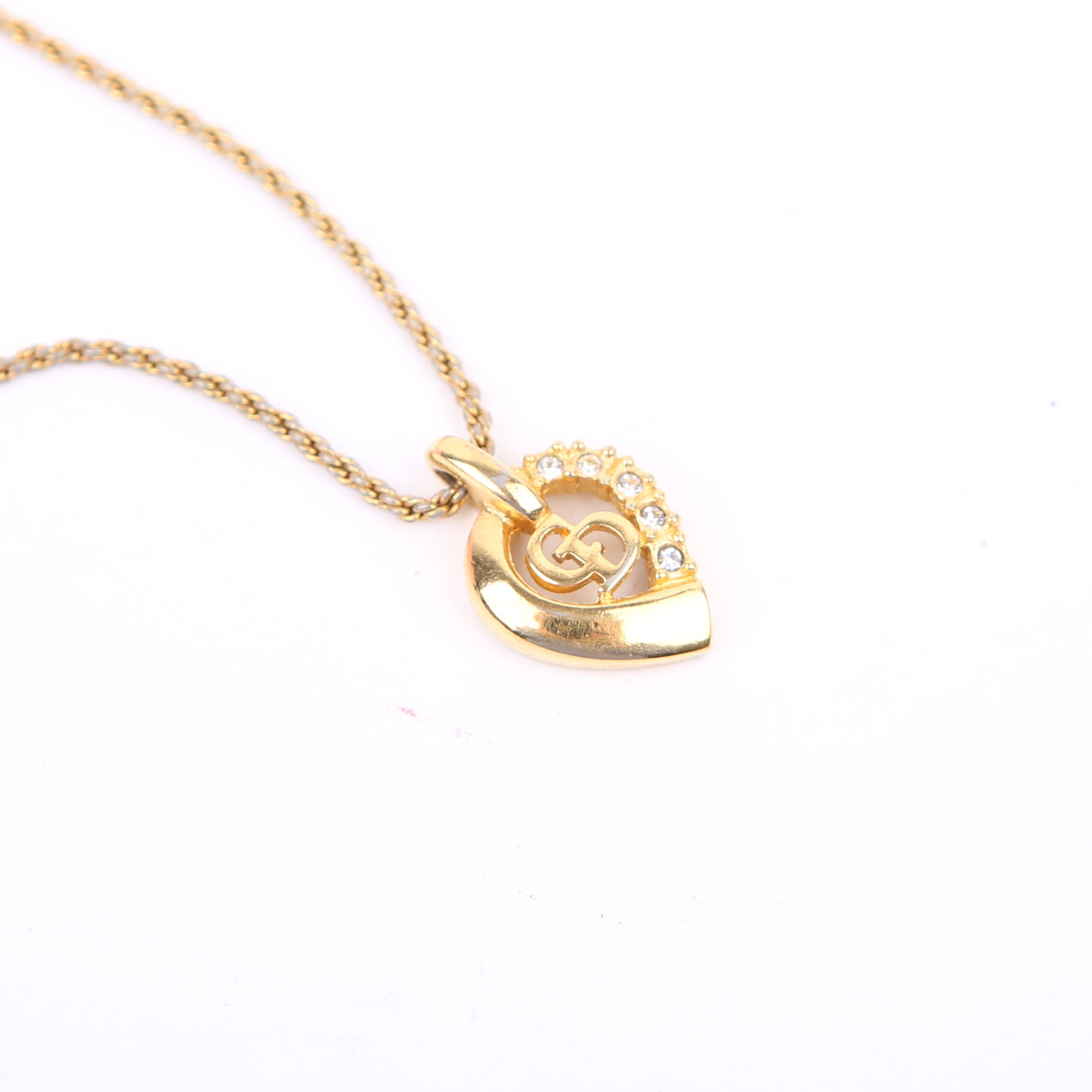 Dior Crystal Heart Logo Pendant Necklace Gold