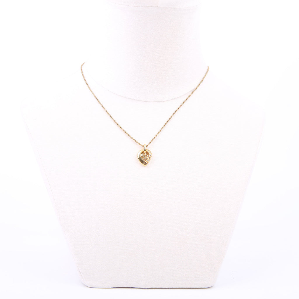 Dior Crystal Heart Logo Pendant Necklace Gold