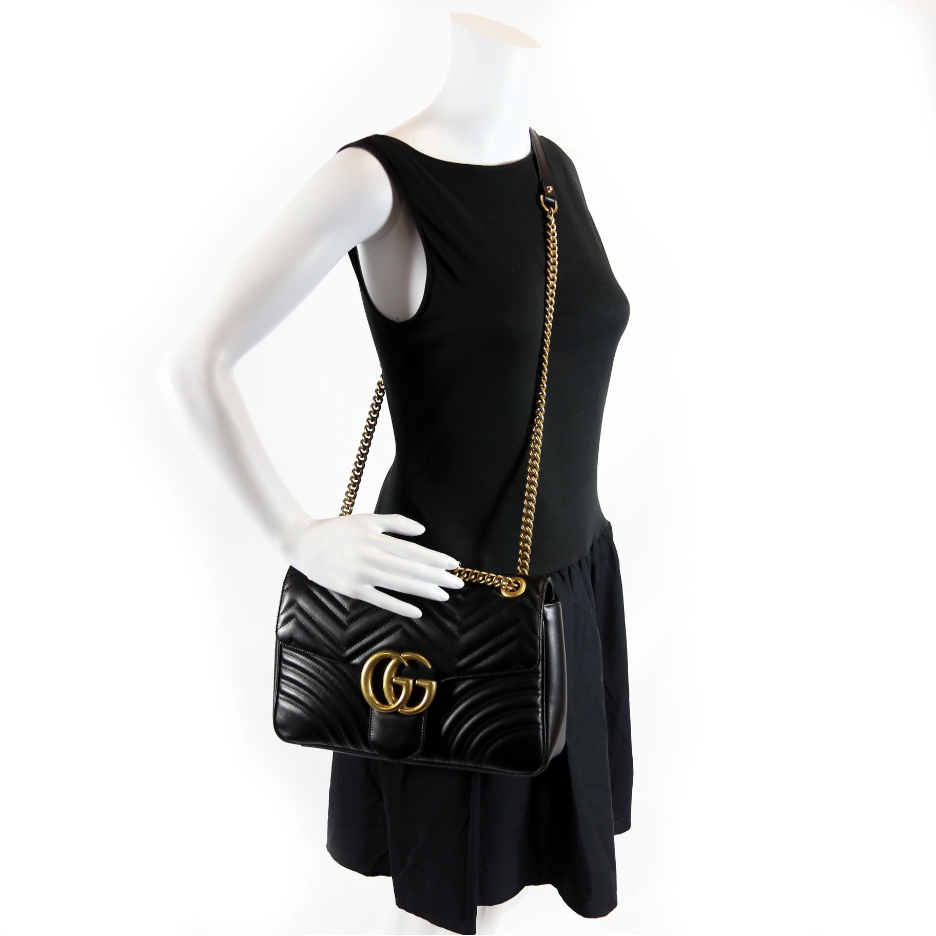 Gucci 443496 Marmont Leather Shoulder Medium Black/Gold