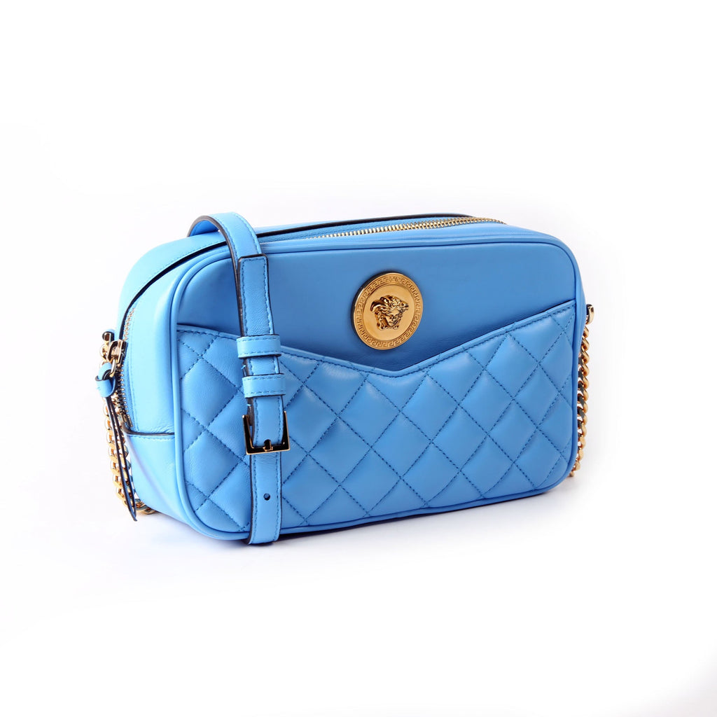 La Medusa Quilted Quilted Leather Medium Camera Bag Blue/Gold