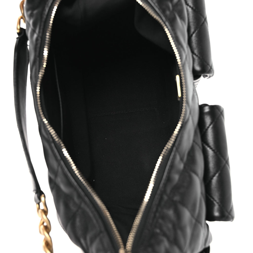 Chanel Shiny Lambskin Quilted Trendy Pockets Hobo Black