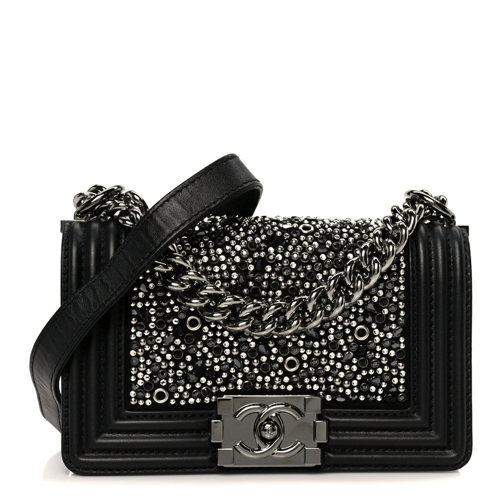 Chanel Calfskin Strass Crystal Small Boy Flap Black
