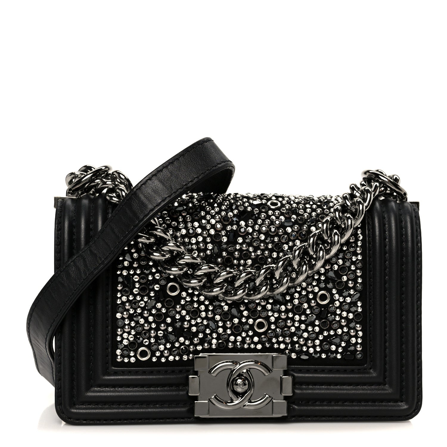Chanel Calfskin Strass Crystal Small Boy Flap Black