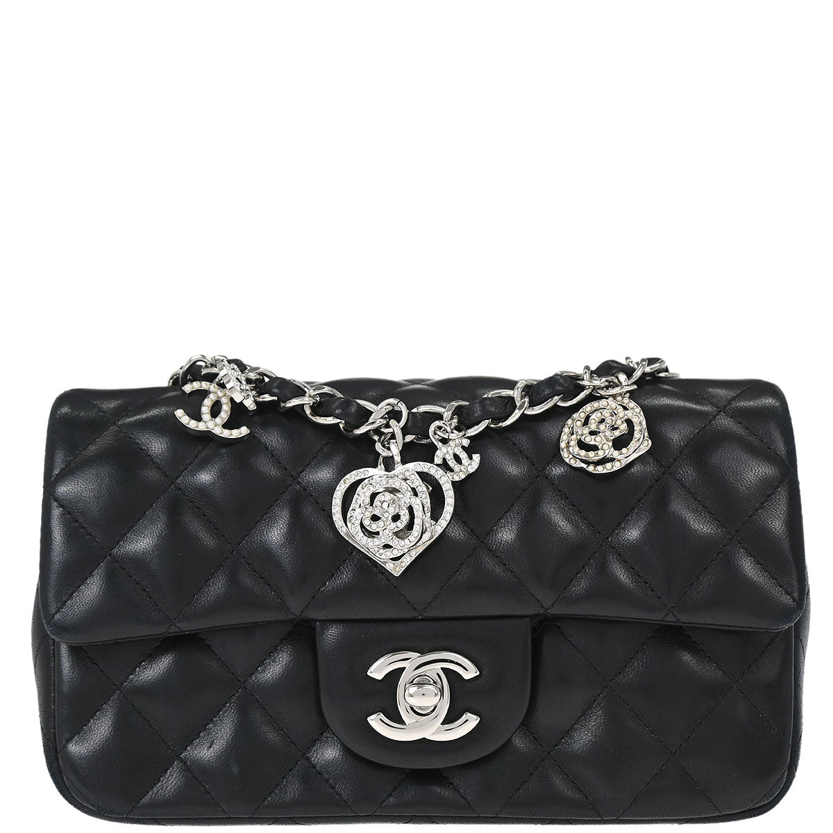 Chanel 2014 Black Lambskin Valentine Charm Flap Shoulder Bag