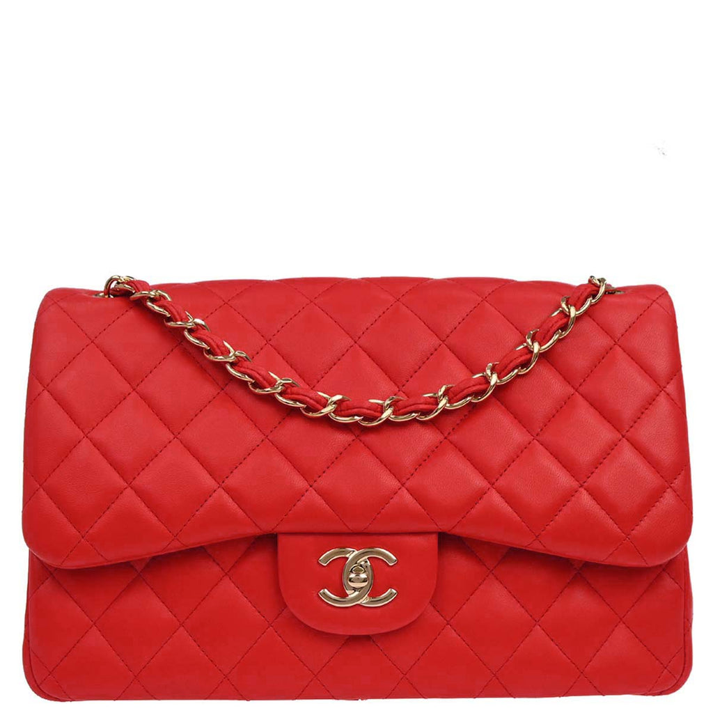 Chanel Red Lambskin Jumbo Classic Double Flap Shoulder Bag