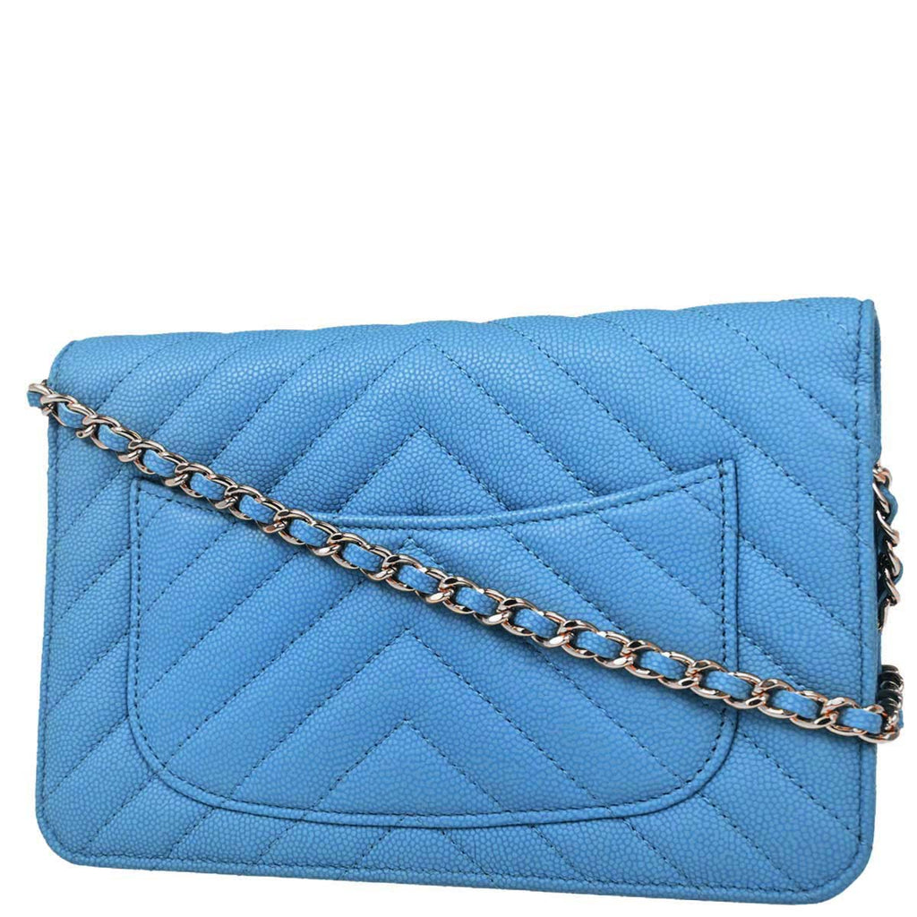 Chanel 2019 Blue Caviar Skin Chevron Classic WOC Wallet on Chain Bag