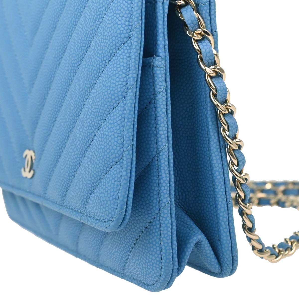 Chanel 2019 Blue Caviar Skin Chevron Classic WOC Wallet on Chain Bag