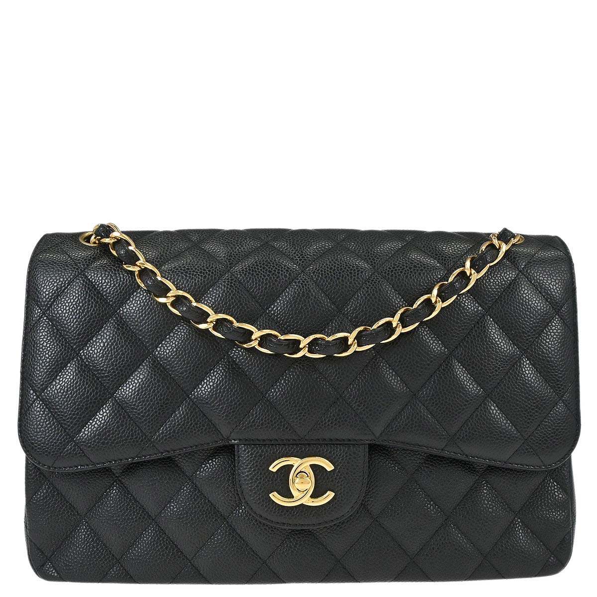 Chanel 2011 Black Caviar Skin Jumbo Classic Double Flap Shoulder Bag