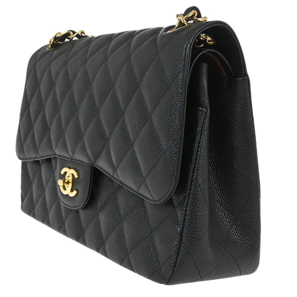 Chanel 2011 Black Caviar Skin Jumbo Classic Double Flap Shoulder Bag