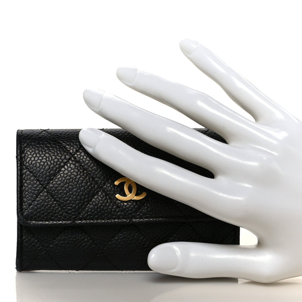 Caviar Quilted Flap Card Holder Wallet Black