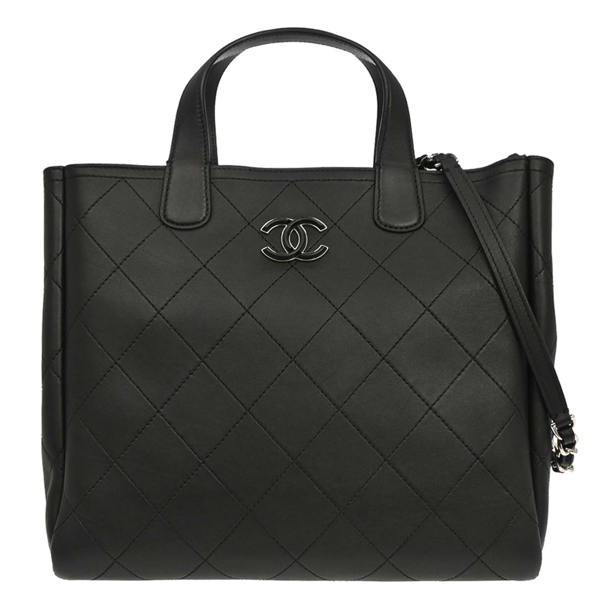 Chanel 2019 Black Calfskin Shopping Tote 2way Shoulder Handbag
