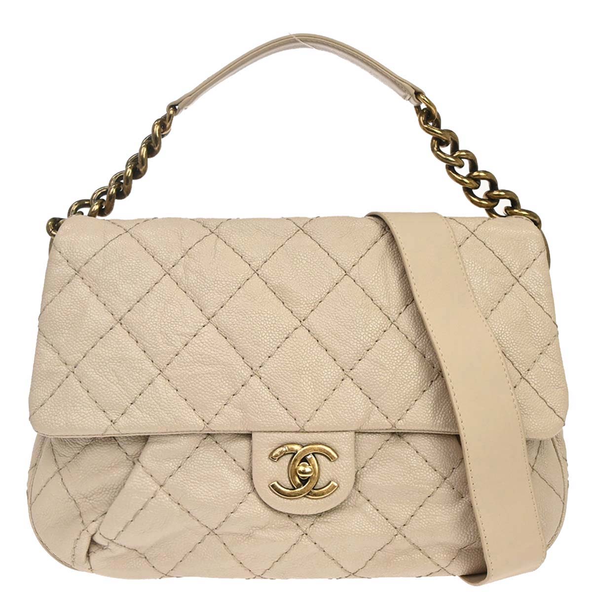 Chanel 2012-2013 Beige Caviar Skin Coco Pleats 2way Shoulder Handbag