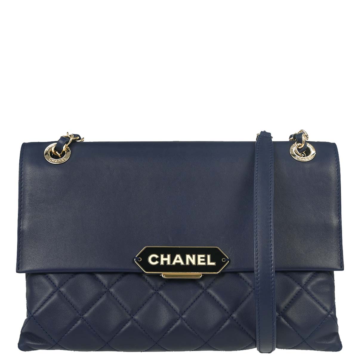 Chanel 2017 Navy Lambskin Label Click Flap Shoulder Bag