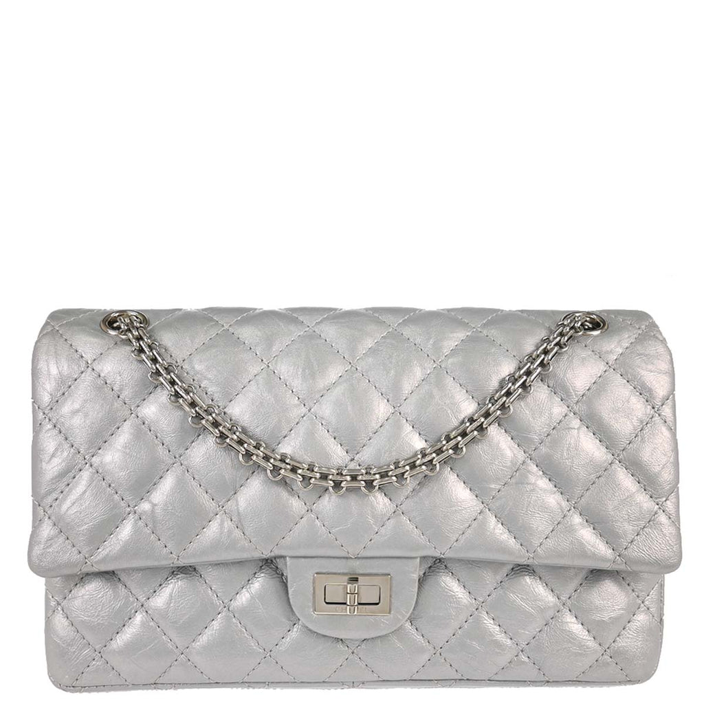 Chanel 2017-2018 Silver Calfskin 2.55 Double Flap Shoulder Bag