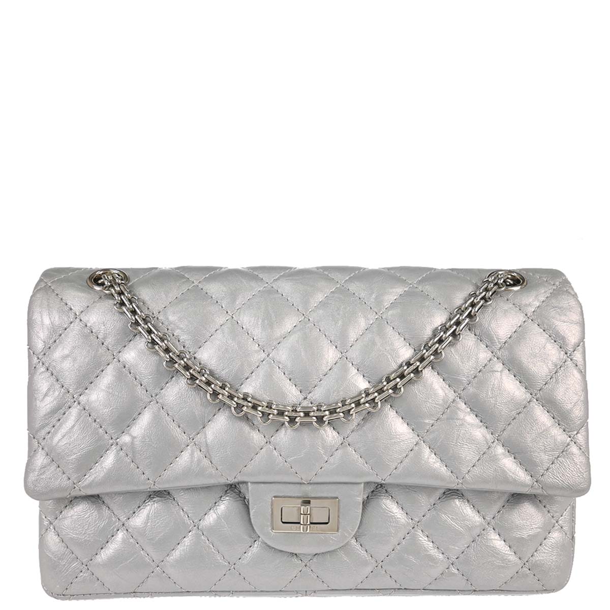 Chanel 2017-2018 Silver Calfskin 2.55 Double Flap Shoulder Bag