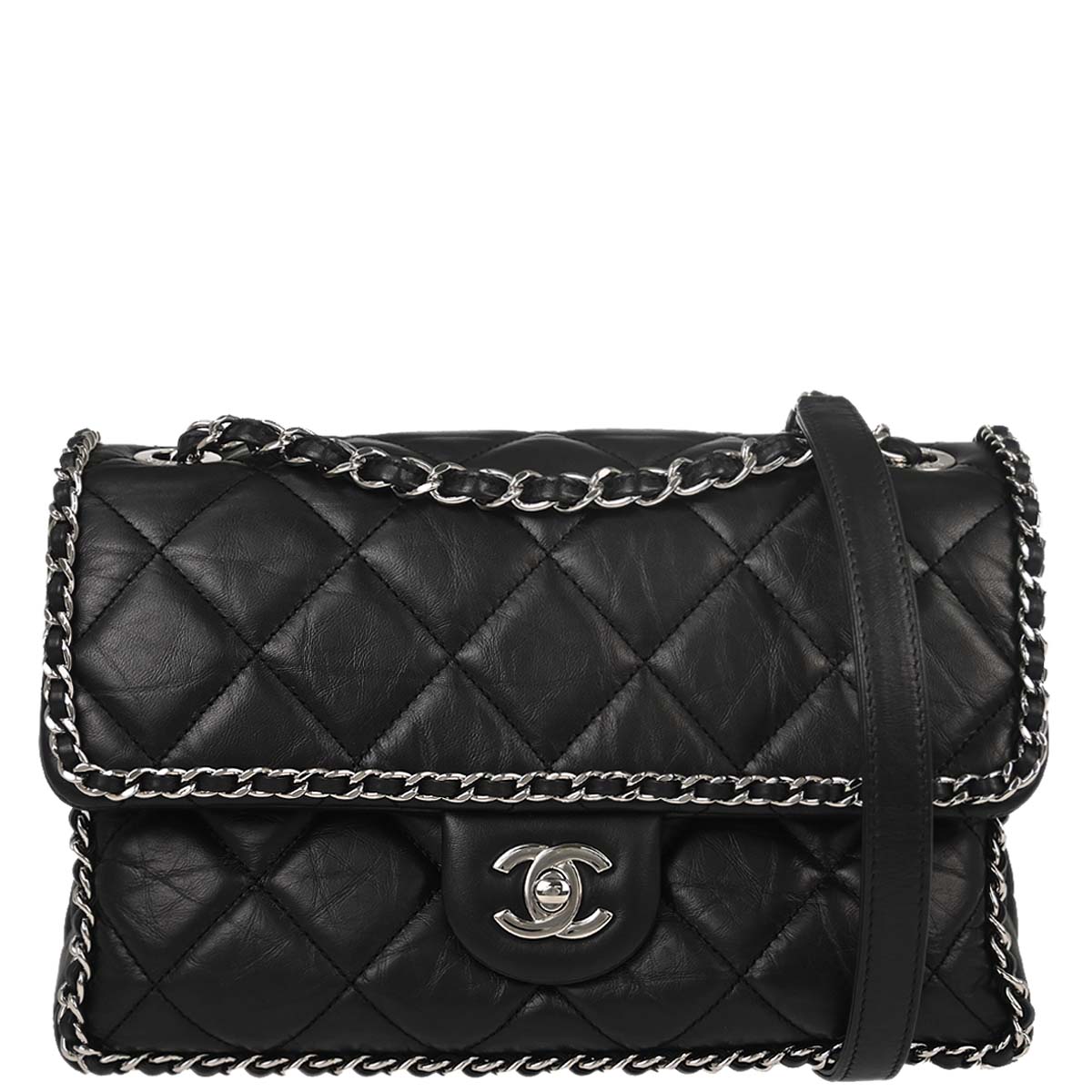 Chanel 2019 Black Calfskin Chain All Over Flap Shoulder Bag