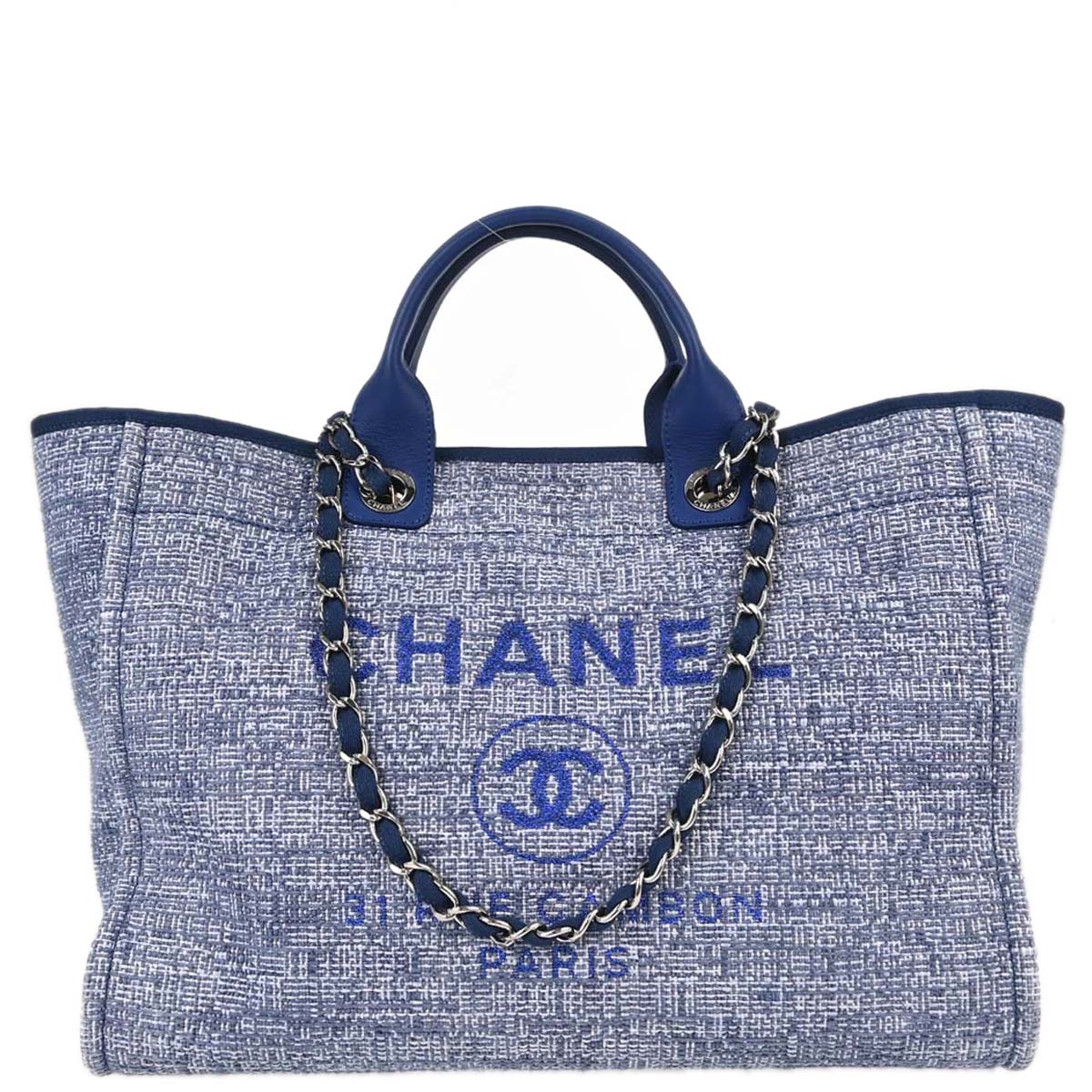 Chanel 2018 Blue Tweed Medium Deauville 2way Shoulder Tote Handbag