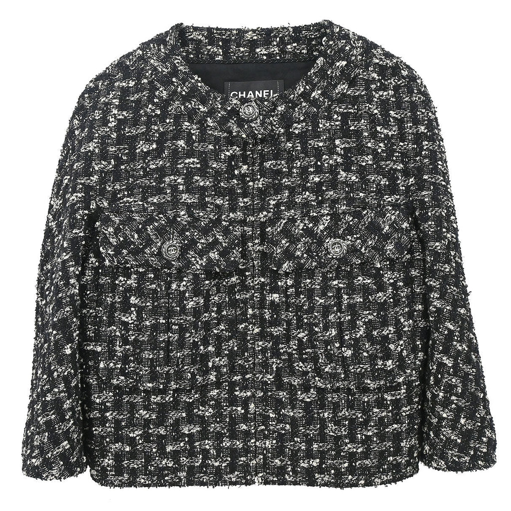 Chanel 2013-2014 Zip Up Collarless Tweed Jacket Black #34