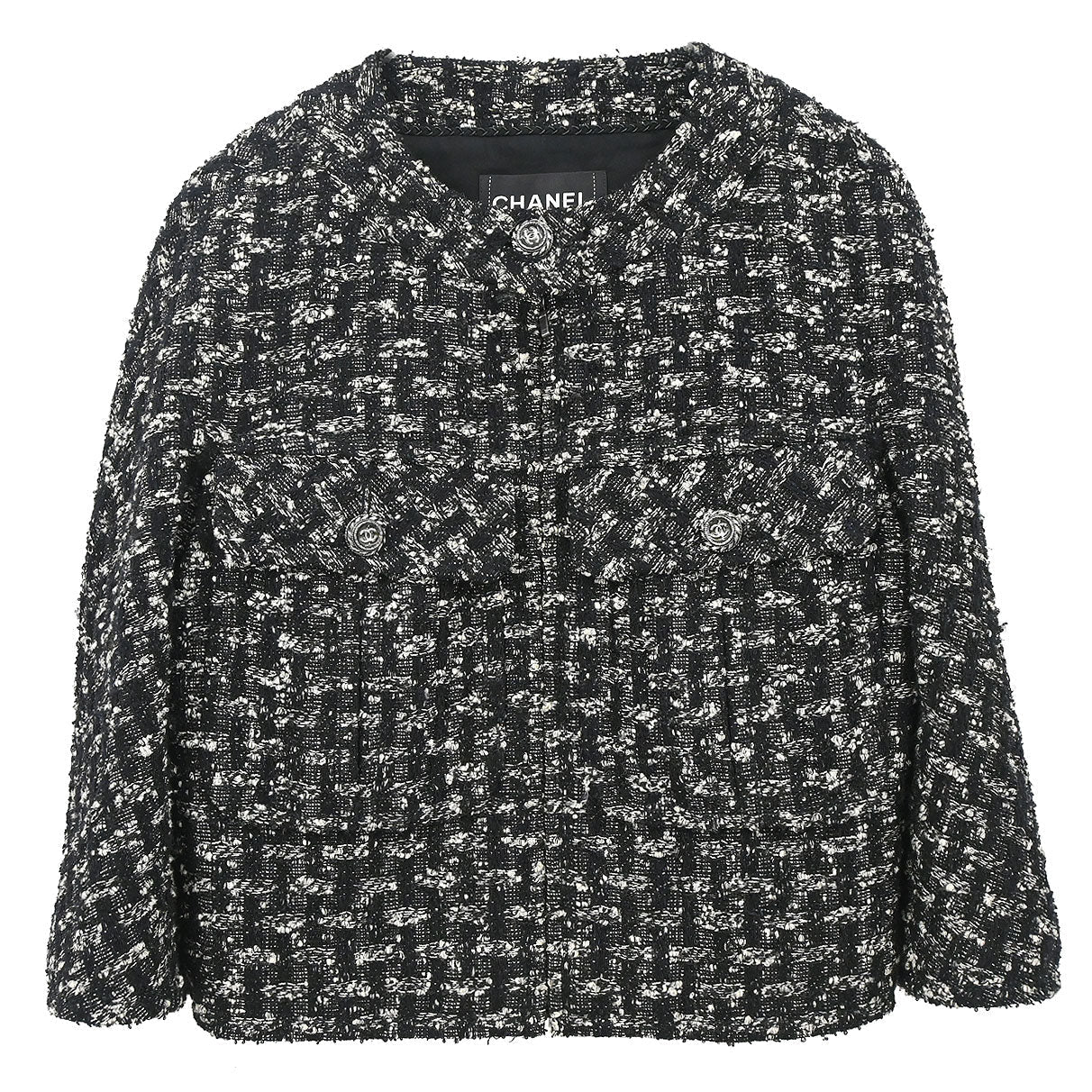 Chanel 2013-2014 Zip Up Collarless Tweed Jacket Black #34