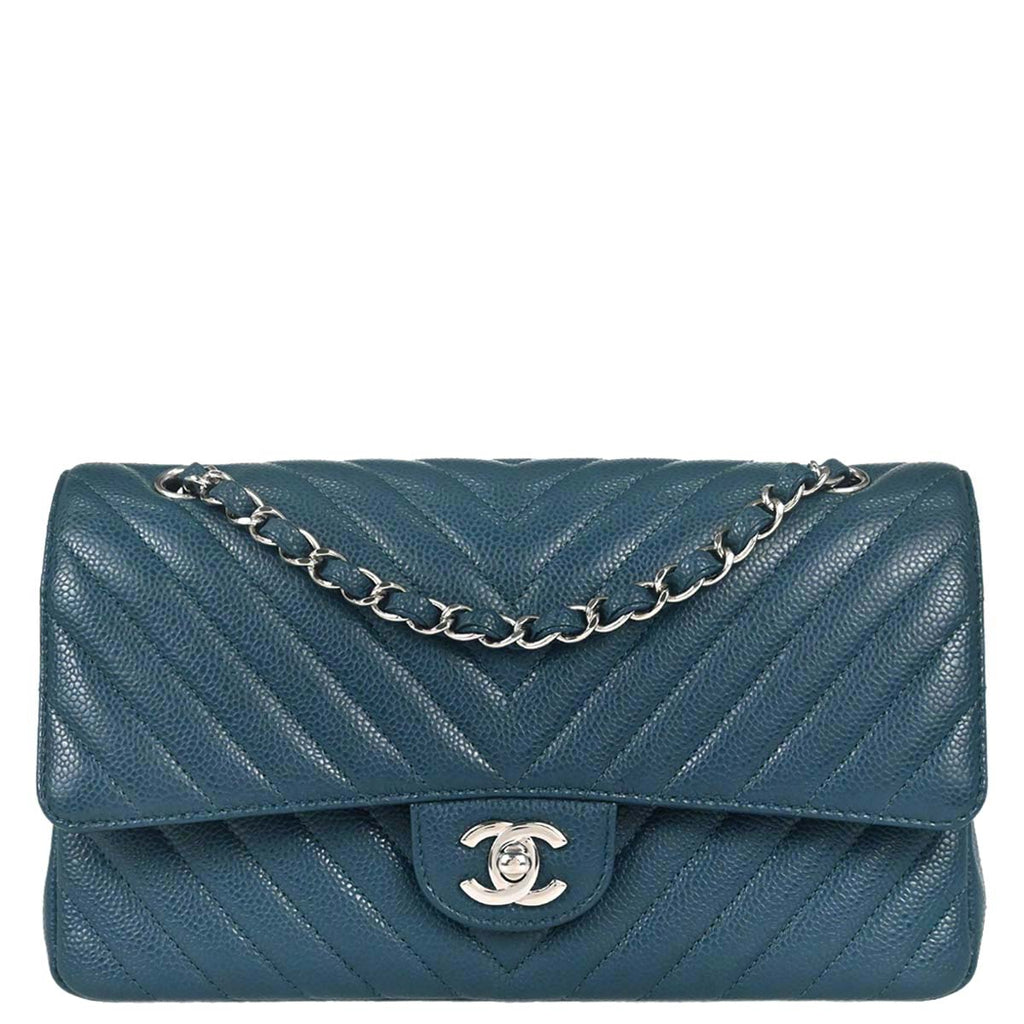 Chanel 2018-2019 Blue Caviar Skin Chevron Medium Classic Double Flap Shoulder Bag