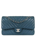 Chanel 2018-2019 Blue Caviar Skin Chevron Medium Classic Double Flap Shoulder Bag