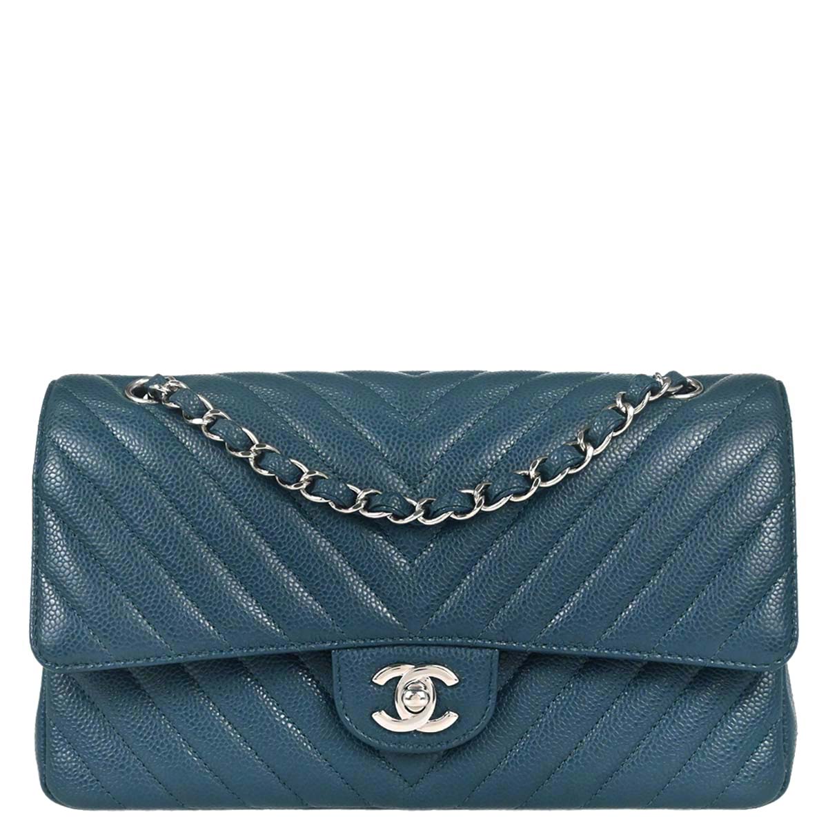 Chanel 2018-2019 Blue Caviar Skin Chevron Medium Classic Double Flap Shoulder Bag