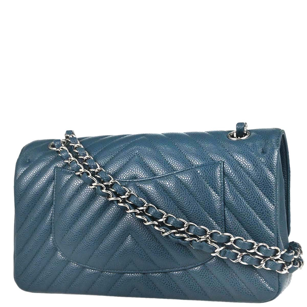 Chanel 2018-2019 Blue Caviar Skin Chevron Medium Classic Double Flap Shoulder Bag