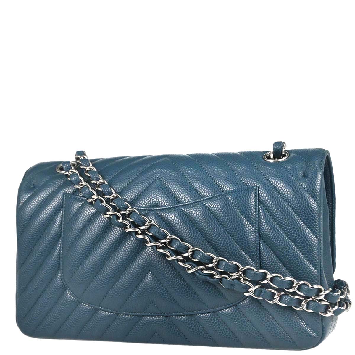 Chanel 2018-2019 Blue Caviar Skin Chevron Medium Classic Double Flap Shoulder Bag