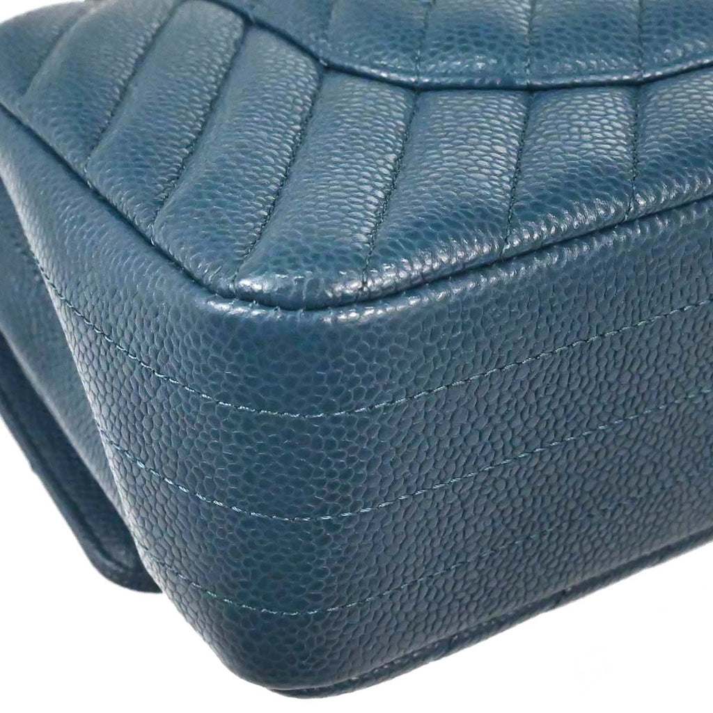 Chanel 2018-2019 Blue Caviar Skin Chevron Medium Classic Double Flap Shoulder Bag