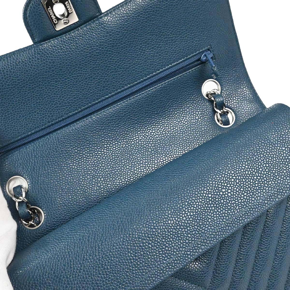 Chanel 2018-2019 Blue Caviar Skin Chevron Medium Classic Double Flap Shoulder Bag