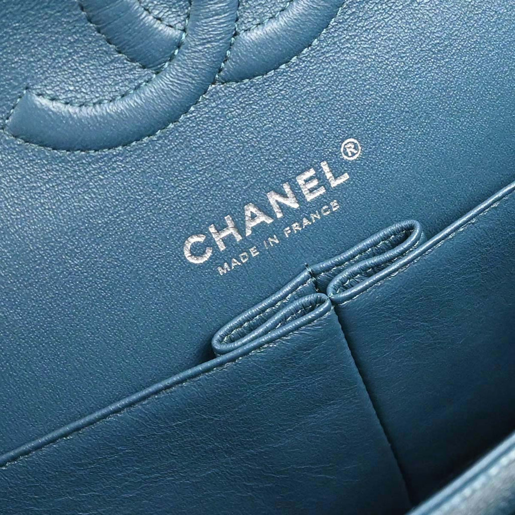 Chanel 2018-2019 Blue Caviar Skin Chevron Medium Classic Double Flap Shoulder Bag