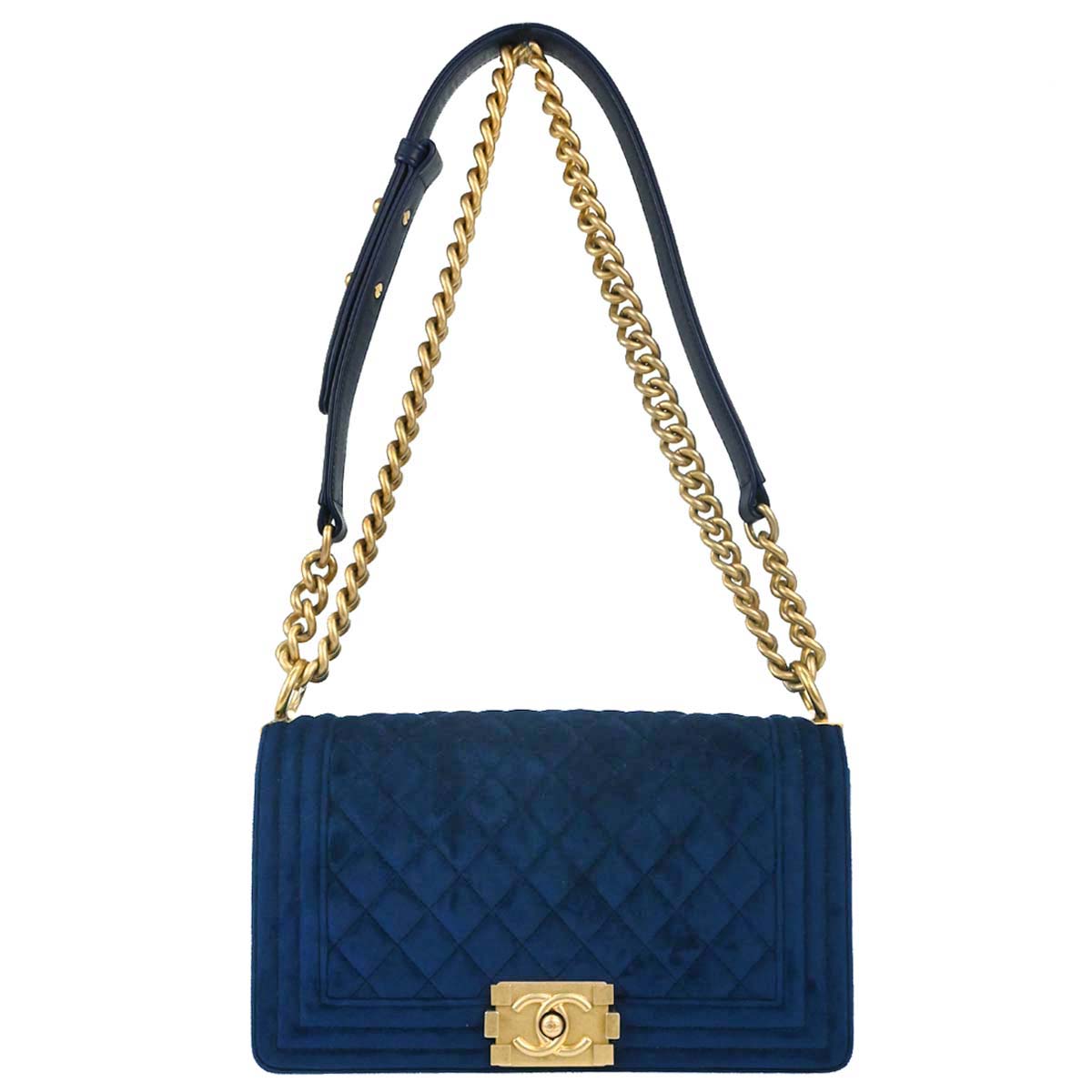 Boy Chanel Blue Velvet Medium Double Chain Shoulder Bag