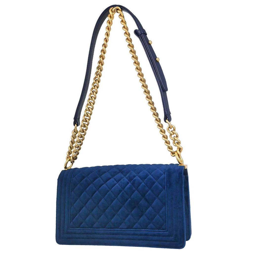 Boy Chanel Blue Velvet Medium Double Chain Shoulder Bag