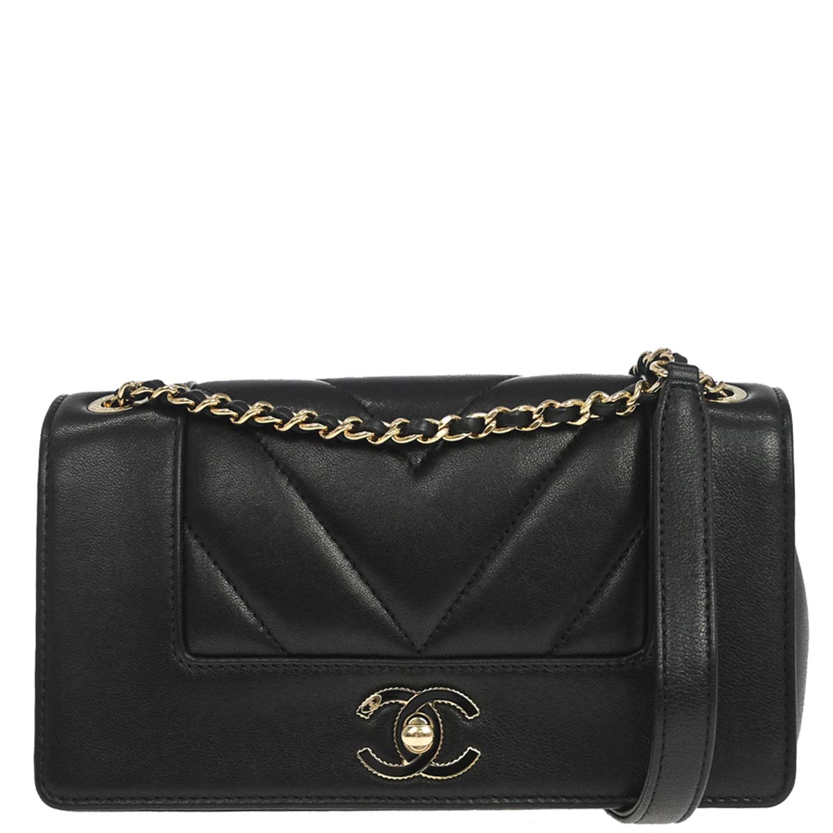 Chanel Black Lambskin Chevron Mademoiselle Flap Shoulder Bag