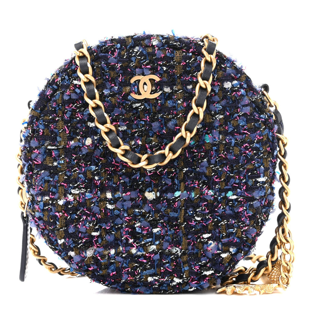 Chanel Tweed Quilted Round Clutch With Chain Multicolor