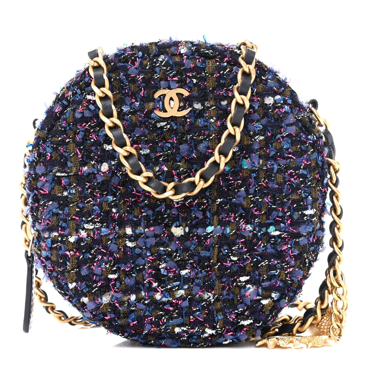 Chanel Tweed Quilted Round Clutch With Chain Multicolor