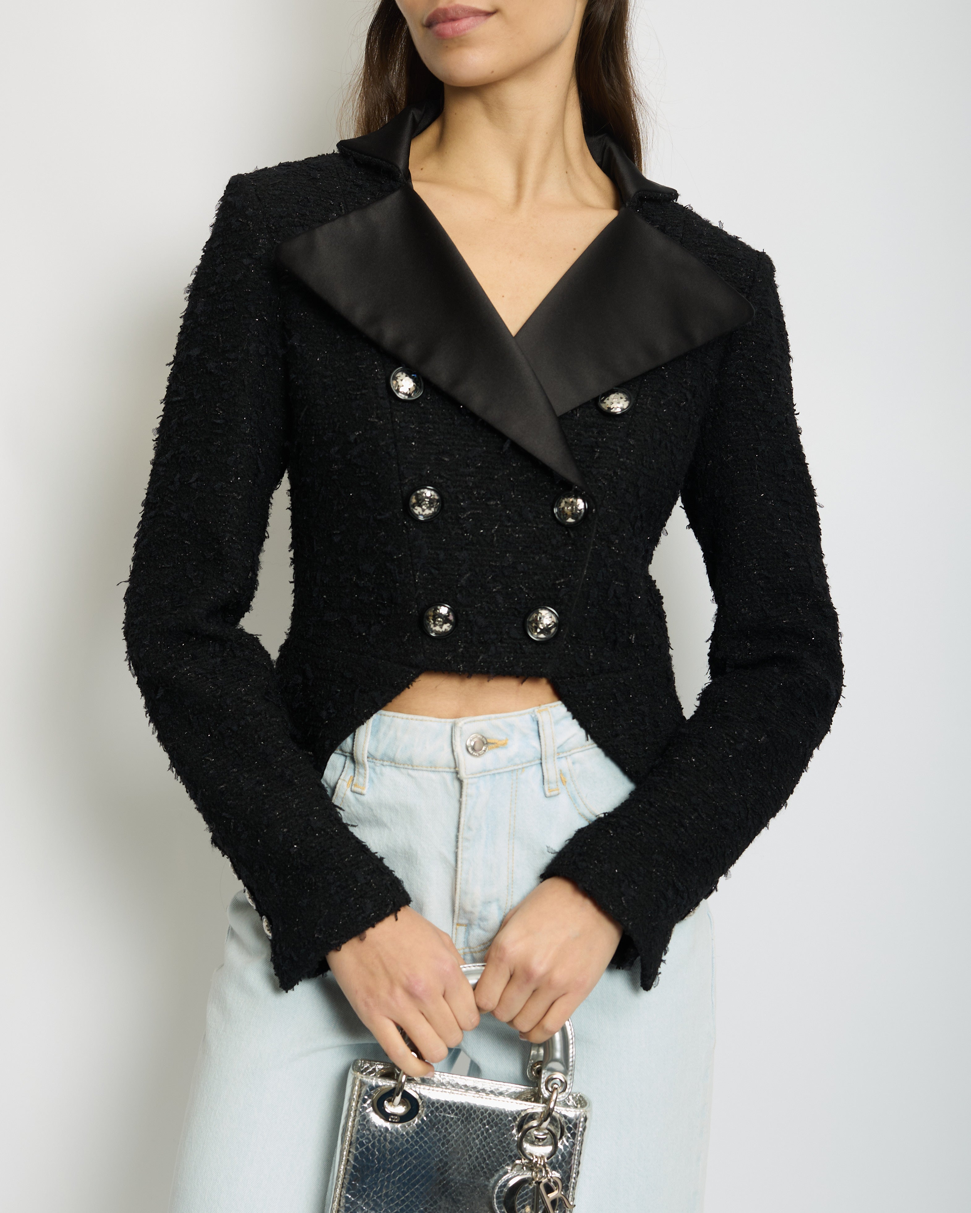 *HOT* Chanel 19/K Black Metallic Tweed Cropped Blazer with Satin Collar and Snowflake Buttons Details Size FR 38 (UK 10) RRP £5,800
