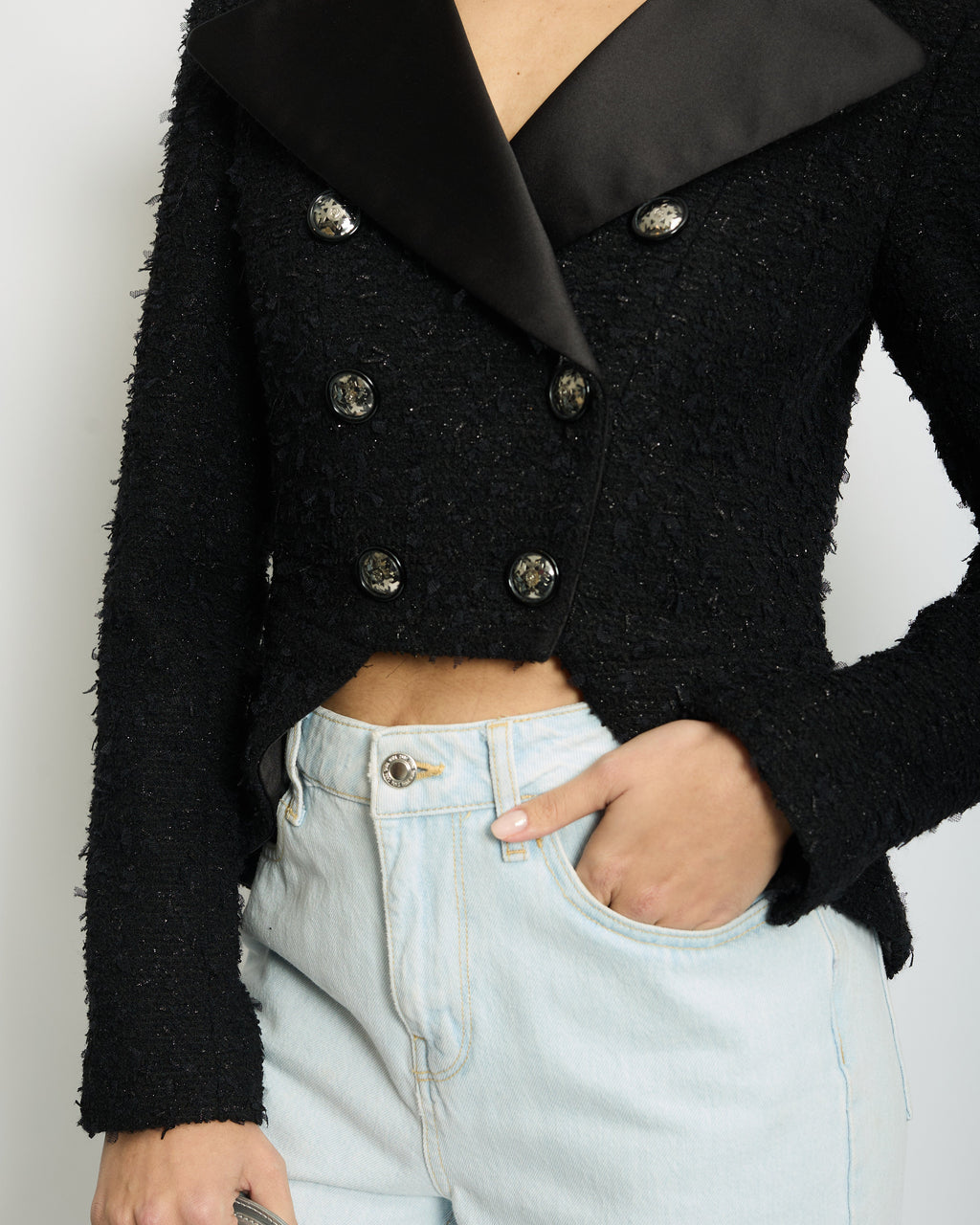 *HOT* Chanel 19/K Black Metallic Tweed Cropped Blazer with Satin Collar and Snowflake Buttons Details Size FR 38 (UK 10) RRP £5,800