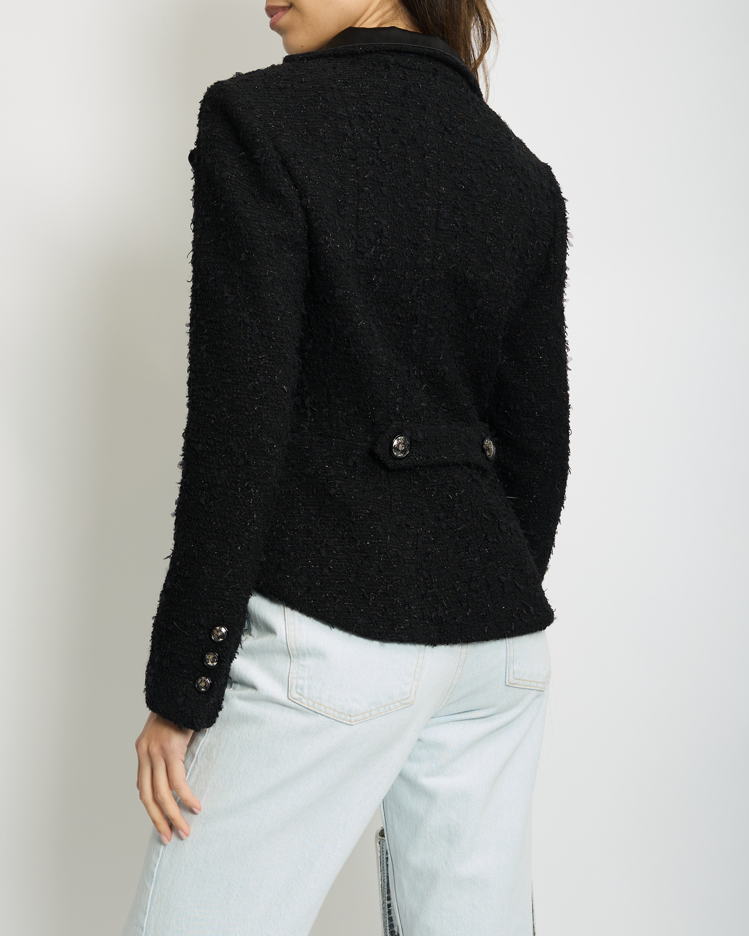 *HOT* Chanel 19/K Black Metallic Tweed Cropped Blazer with Satin Collar and Snowflake Buttons Details Size FR 38 (UK 10) RRP £5,800