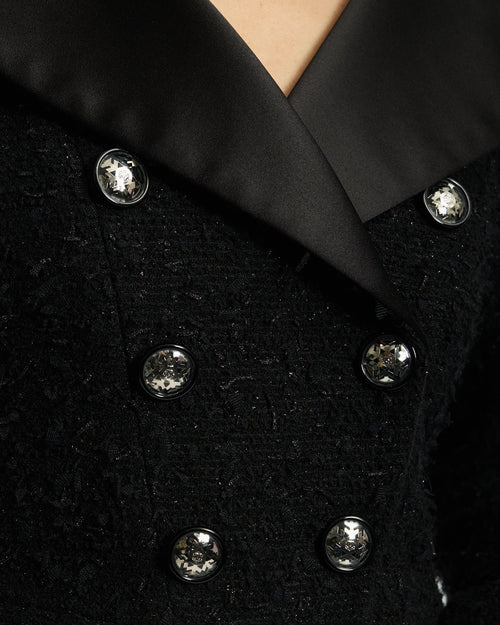 *HOT* Chanel 19/K Black Metallic Tweed Cropped Blazer with Satin Collar and Snowflake Buttons Details Size FR 38 (UK 10) RRP £5,800