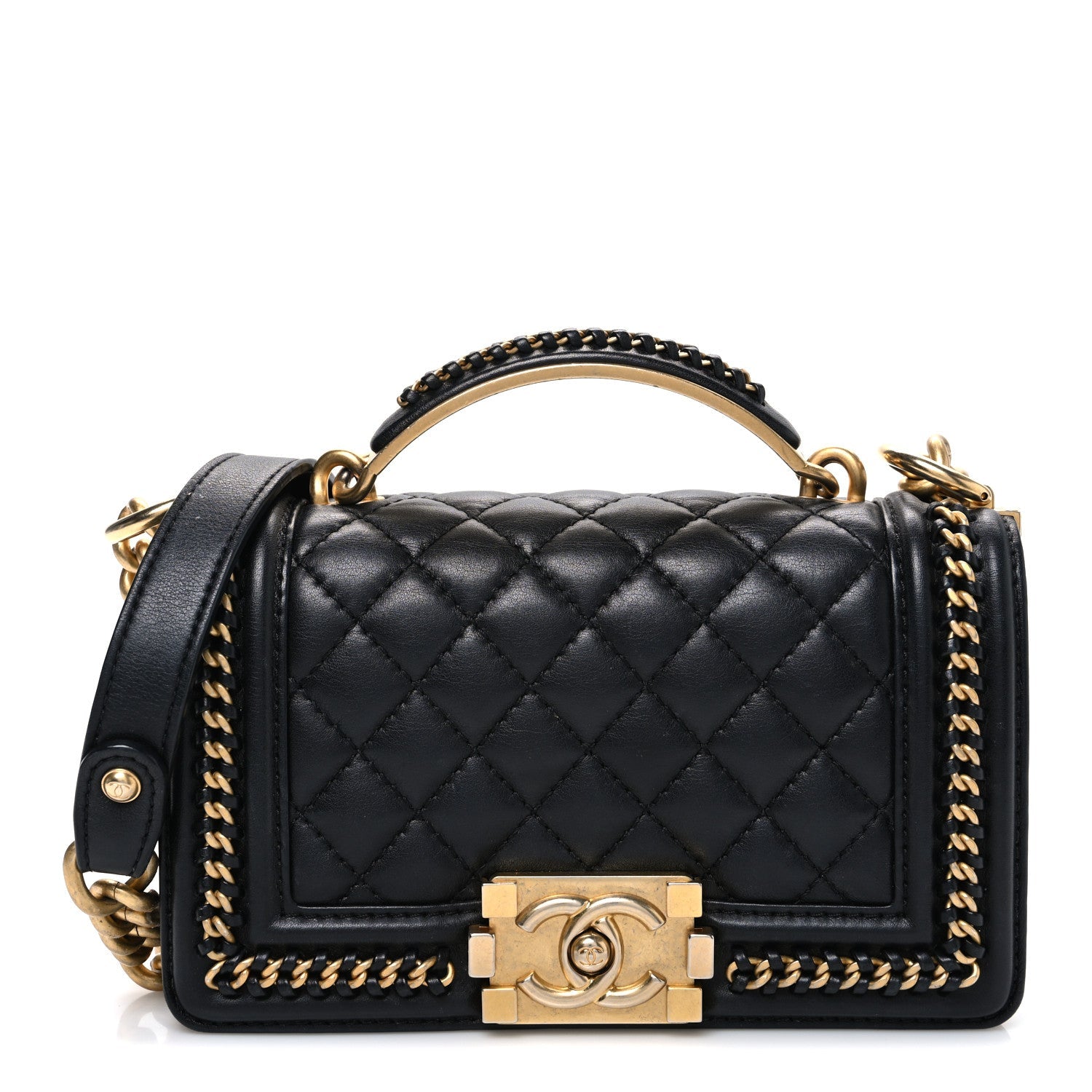 Chanel Lambskin Quilted Small Top Handle Boy Flap Black