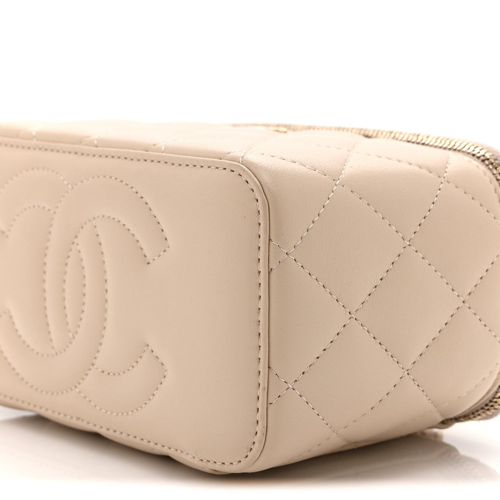 Chanel Lambskin Quilted Small Top Handle Vanity Case With Chain Beige