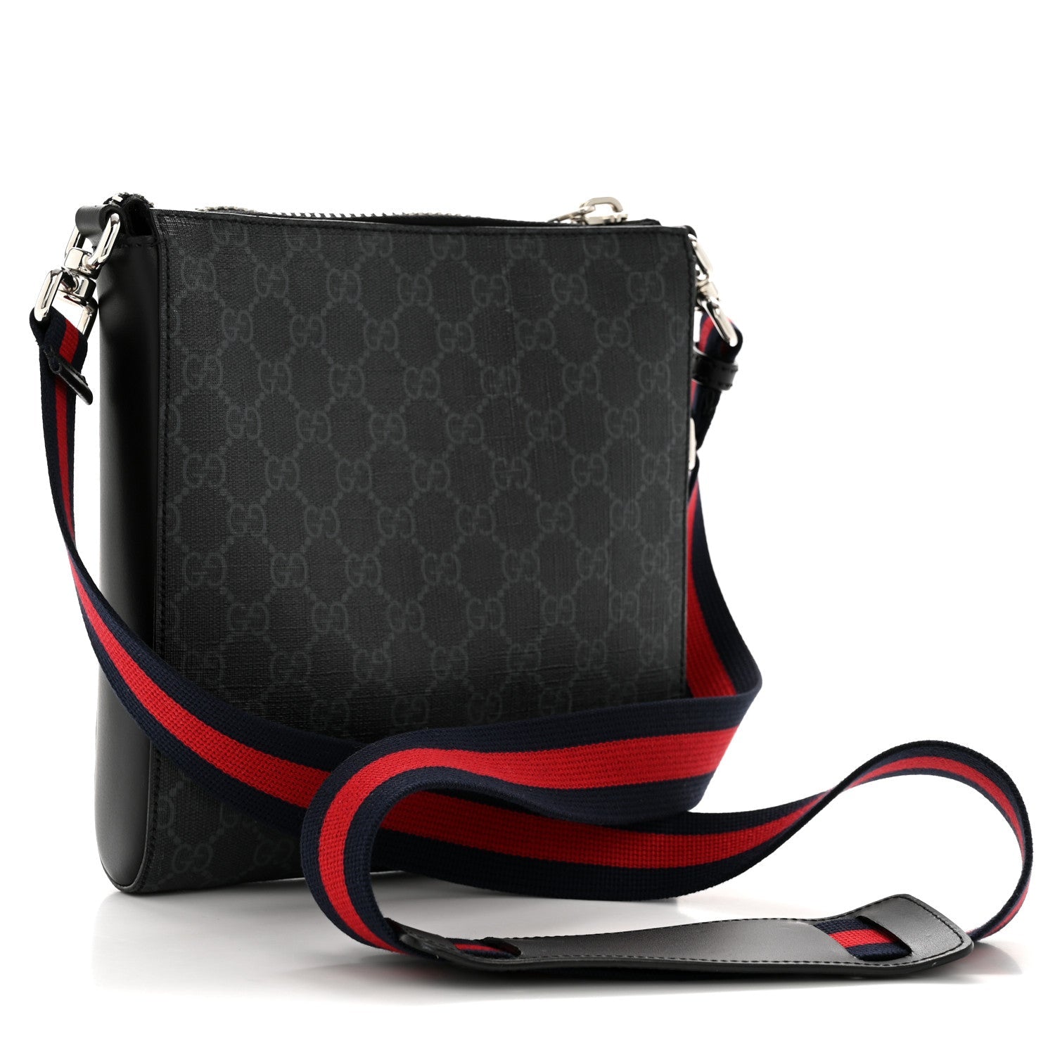 Gucci GG Supreme Monogram Web Small Flat Messenger Bag Black Grey